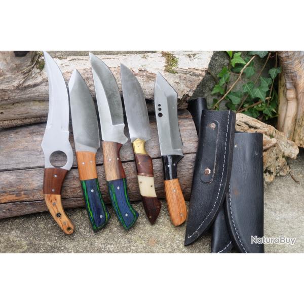 Lot de 5 Skinner Poignard Couteau Damas Lame Acier Carbone 1055 Manche Bois Fabrication Artisanale