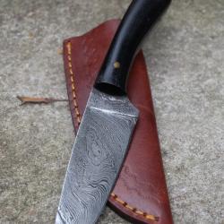 Skinner Couteau de Chasse Damas Lame 256 Couches Manche Micarta Fabric Artisanale Etui Cuir