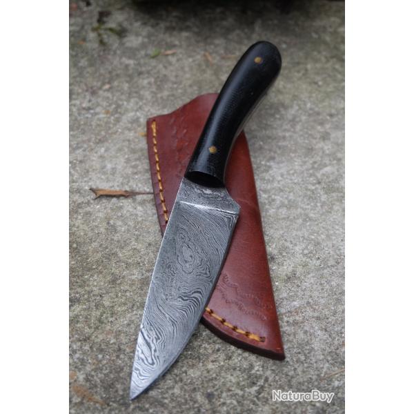 Skinner Couteau de Chasse Damas Lame 256 Couches Manche Micarta Fabric Artisanale Etui Cuir