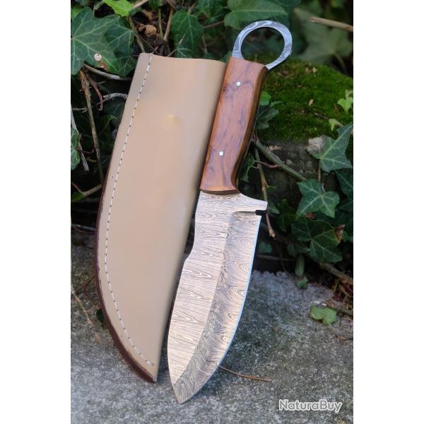 Couteau Karambit Lame Acier Damas 256 Couches Manche Bois Etui Simili Cuir Fabrication Artisanale
