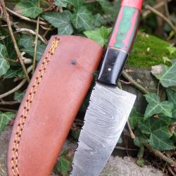Couteau Skinner Damas Lame Trailing Point Acier 256 Couches Manche Bois Automne Etui Cuir Artisanat