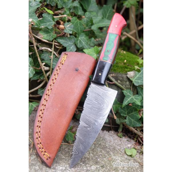Couteau Skinner Damas Lame Trailing Point Acier 256 Couches Manche Bois Automne Etui Cuir Artisanat