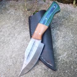 Couteau Skinner Damas Lame Clip Point Acier 256 Couches Manche 2 Bois Etui Cuir Fabricat Artisanale