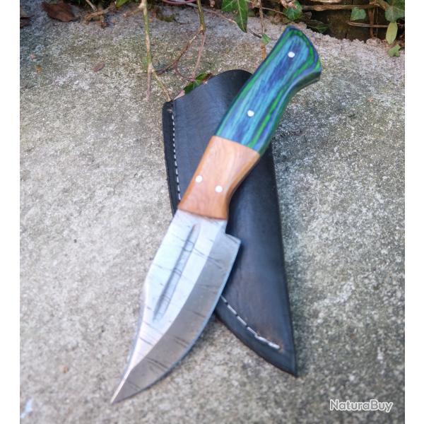 Couteau Skinner Damas Lame Clip Point Acier 256 Couches Manche 2 Bois Etui Cuir Fabricat Artisanale