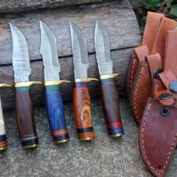 LOT DE 5 Couteau Skinner Damas Lame 256 Couches Manche Bois & Os Fabric Artisanale Etui Cuir