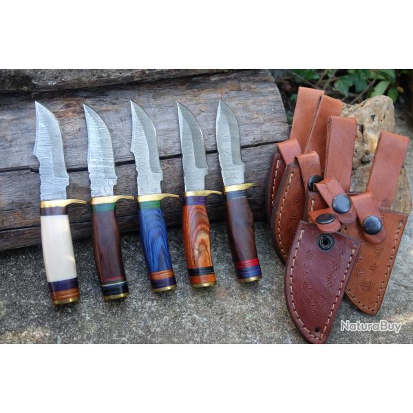 LOT DE 5 Couteau Skinner Damas Lame 256 Couches Manche Bois & Os Fabric Artisanale Etui Cuir