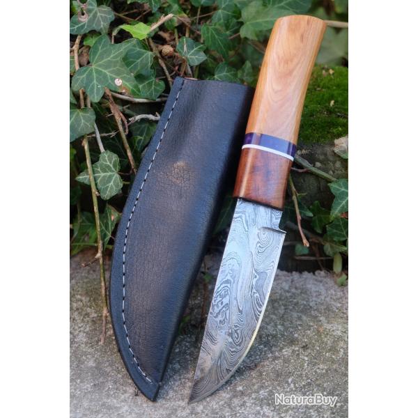 Poignard Puukko Couteau Lame Acier Damas 256 Couches Drop Point Manche Bois Fab Artisanale Etui Cuir