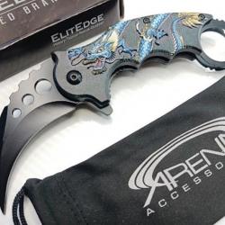 Couteau ElitEdge Blue Dragon Karambit Semi Automatique Lame Acier Inox Manche ABS Linerlock Clip