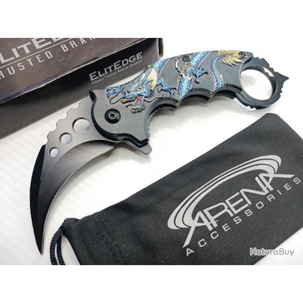 Couteau ElitEdge Blue Dragon Karambit Semi Automatique Lame Acier Inox Manche ABS Linerlock Clip