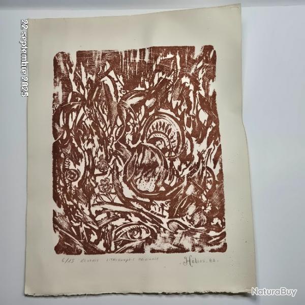 Lithographie originale Hlios 82, rverie 6/15 sur papier Arches  , gravure sur bois