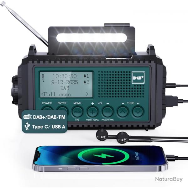 Radio Urgence DAB Solaire Manivelle Batterie 5000mAh Lampe Liseuse SOS Alarme  tanche IPX4 Bleu