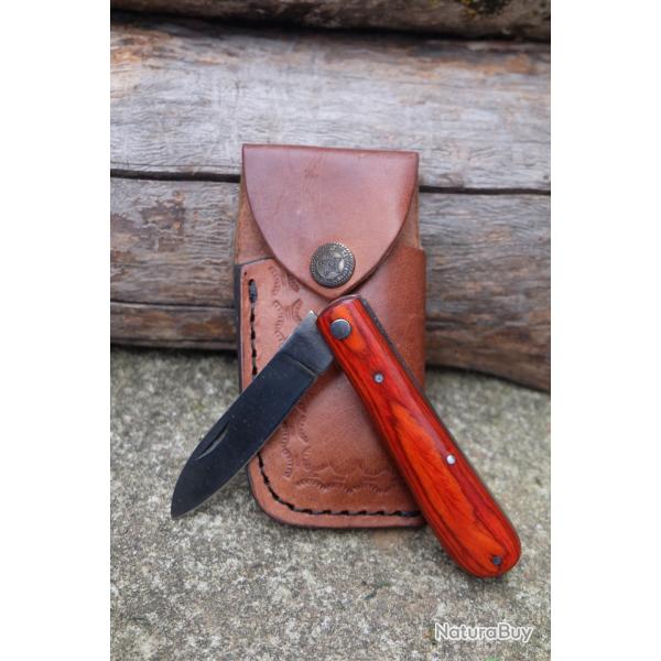 Couteau de Grand Pre Le Discret Lame Acier Inox Manche Bois Fabric Artisanale Etui CUir