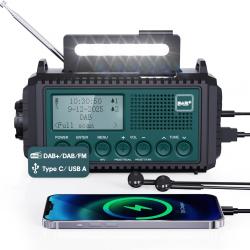 Radio Urgence DAB Solaire Batterie 5000mAh Manivelle SOS Alarme Étanche IPX4 Liseuse Lampe Bleu