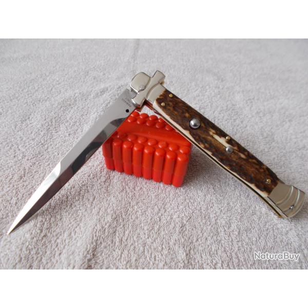 COUTEAU AUTOMATIQUE MANAGIO ITALY CAMPOLIN /ACIER 440C/BOIS DE CERF ET MAILLECHORT /STILETTO MALTAIS