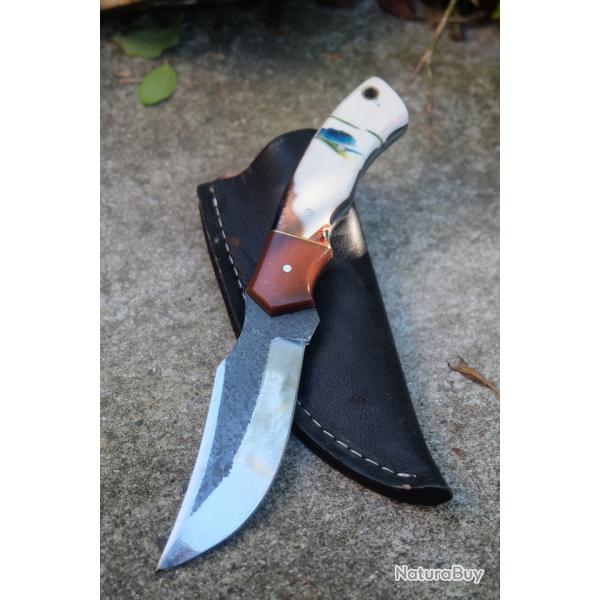 Couteau Skinner de Chasse Bushcraft Lame Acier Carbone 1075 Manche Rsine Etui Cuir Fabr Artisanale