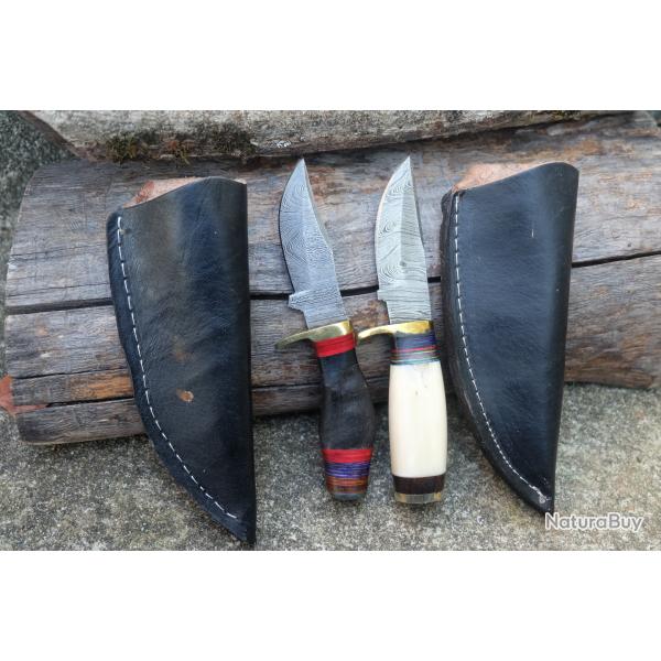 LOT DE 2 Couteau Little Skinner Damas Lame 256 Couches Manche Os & Corne Fabric Artisanale Etui Cuir
