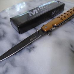 Couteau Stiletto Tactical Urban MTech O/A Lame Spear Point Acier 3Cr13MoV Manche Alu Gold Liner Lock
