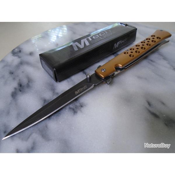 Couteau Stiletto Tactical Urban MTech O/A Lame Spear Point Acier 3Cr13MoV Manche Alu Gold Liner Lock