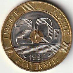 Pièce de Monnaie France 20 francs Mont Saint Michel V fermé et 5 séries de cannelures 1992