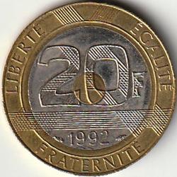 Pièce de Monnaie France 20 francs Mont Saint Michel V ouvert et 5 séries de cannelures 1992