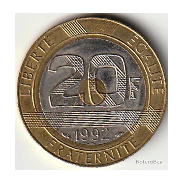 Pice de Monnaie France 20 francs Mont Saint Michel V ouvert et 5 sries de cannelures 1992