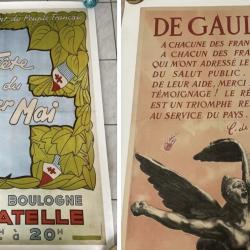 2  Affiches RPF gaulliste  fête du 1er mai Bagatelle et timbre du Salut Public, originales entoilées