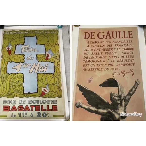 2  Affiches RPF gaulliste  fte du 1er mai Bagatelle et timbre du Salut Public, originales entoiles