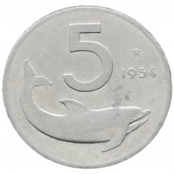 Monnaie Italie - 1954 Signature loin de la bordure - 5 lire (Grade : AB) - Ref N0012