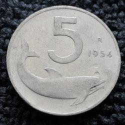 Monnaie Italie - 1954 Signature loin de la bordure - 5 lire (Grade : TB) - Ref N0957