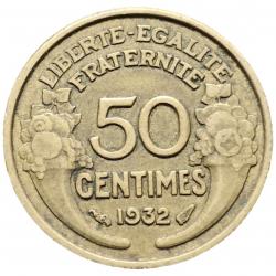 Monnaie France - 1932 9 et 2 ouverts avec raisin - 50 centimes Morlon Cupro (Grade : TB)-Ref N0013