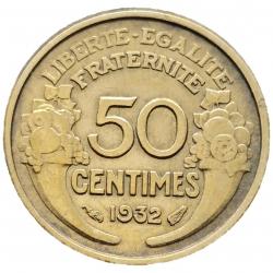 Monnaie France - 1932 9 et 2 ouverts avec raisin - 50 centimes Morlon Cupro (Grade : TTB)-Ref N0091