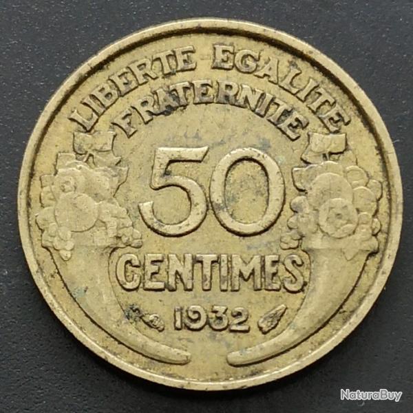 Monnaie France - 1932 9 et 2 ouverts avec raisin - 50 centimes Morlon Cupro (Grade : AB)-Ref N0312
