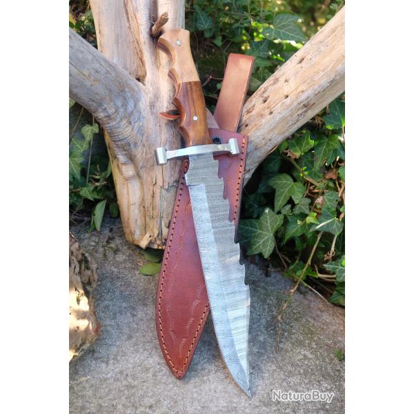Couteau Bowie Chasseur D'Ours Manche Bois Lame Acier Damas 256 Couches Etui Cuir Fabricat Artisanale