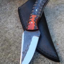 Couteau Skinner de Chasse Rando Lame Acier Carbone 1075 Manche Bois Etui Cuir Fabrication Artisanale