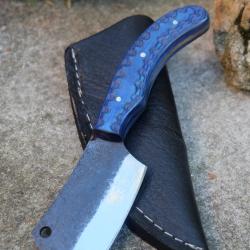 Couteau Skinner de Poche Lame Butcher Acier Carbone 1075 Manche Bois Etui Cuir Fabric Artisanale