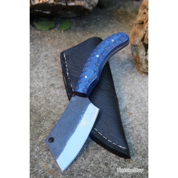 Couteau Skinner de Poche Lame Butcher Acier Carbone 1075 Manche Bois Etui Cuir Fabric Artisanale
