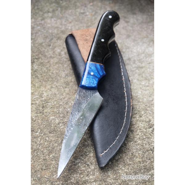Couteau Skinner Tactical Urbain Lame Acier Carbone 1075 Manche Rsine Etui Cuir Fabr Artisanale