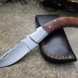 Couteau de Grand Père Corse Lame Acier Inox Manche Bois Fabric Artisanale Etui CUir