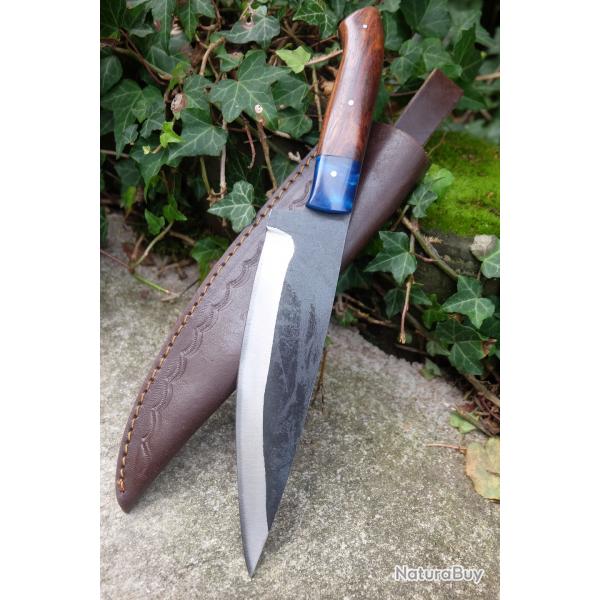 Couteau de Gaucho Argentin Bowie Lame Acier Carbone 1075 Etui Cuir Manche Bois Fabric Artisanale