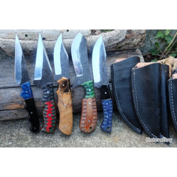 LOT DE 5 Couteau de Chasse Skinner Lame Acier Carbone 1075 Black Manche Bois Etui Cuir Artisanale
