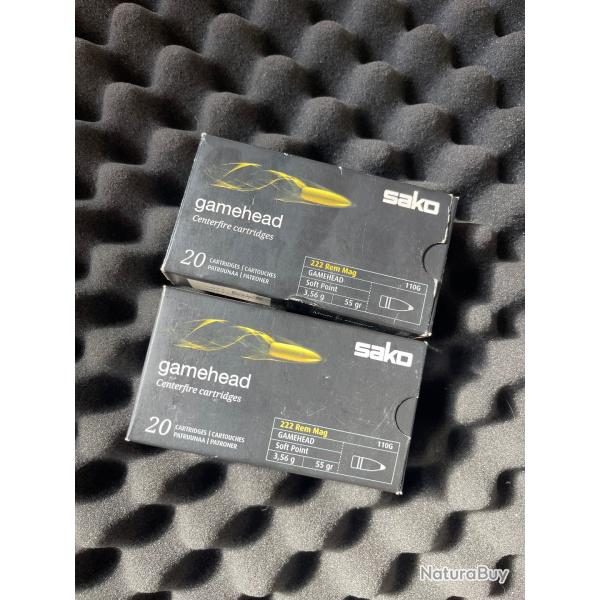 Lot de 2 boites de 20 cartouches SAKO gamehead 222 Rem MAGNUM 55gr
