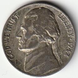 Pièce de Monnaie Etats Unis 5 cents "Jefferson Nickel" temps de guerre 1942 P Argent