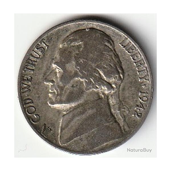 Pice de Monnaie Etats Unis 5 cents "Jefferson Nickel" temps de guerre 1942 P Argent