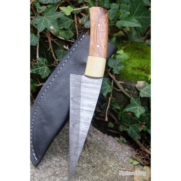 Couteau De Cuisine & Rando Lame Acier Damas 256 Couches Manche Bois/Rsine Etui Cuir F Artisanale