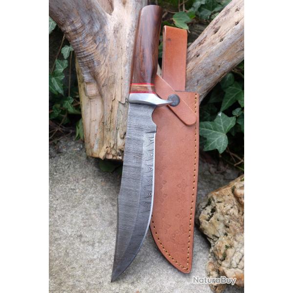 Puukko XXL Couteau Damas Lame 256 Couches Lame Harpoon Manche Bois Fabric Artisanale Etui Cuir