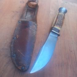 Couteau de Chasse GAZELLE SOLINGEN Manche en Bois de Cerf avec Étui en cuir