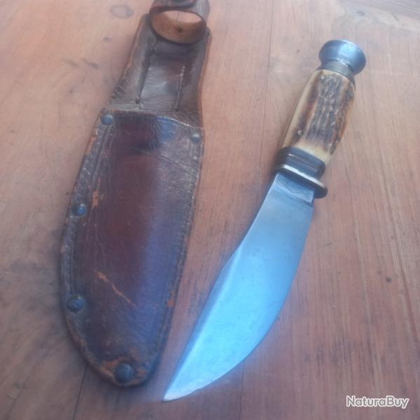 Couteau de Chasse GAZELLE SOLINGEN Manche en Bois de Cerf avec tui en cuir