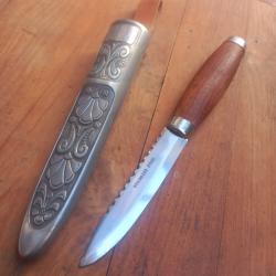 Joli Couteau PUUKKO Norvégien PEWTER HAUGRUD Manche en Bois avec Fourreau Cuir et Métal