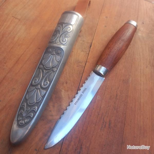 Joli Couteau PUUKKO Norvgien PEWTER HAUGRUD Manche en Bois avec Fourreau Cuir et Mtal