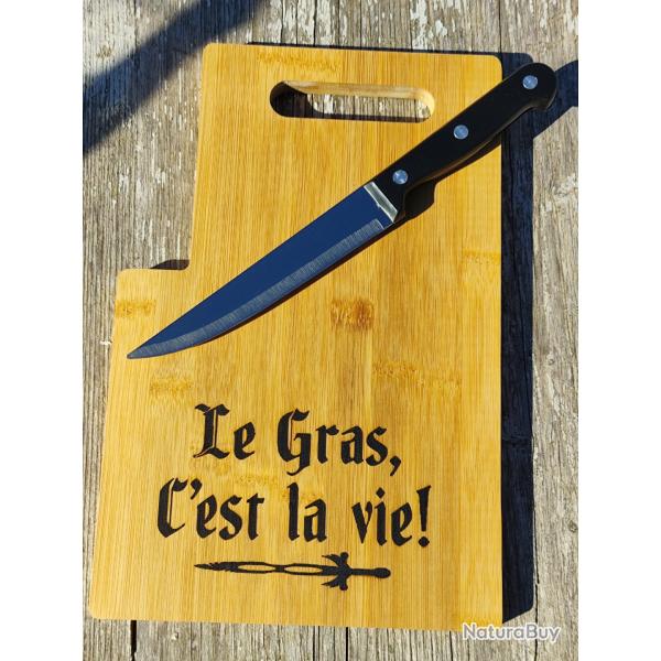 Planche en bois avec couteau intégré - Gravée “Le gras c'est la vie
